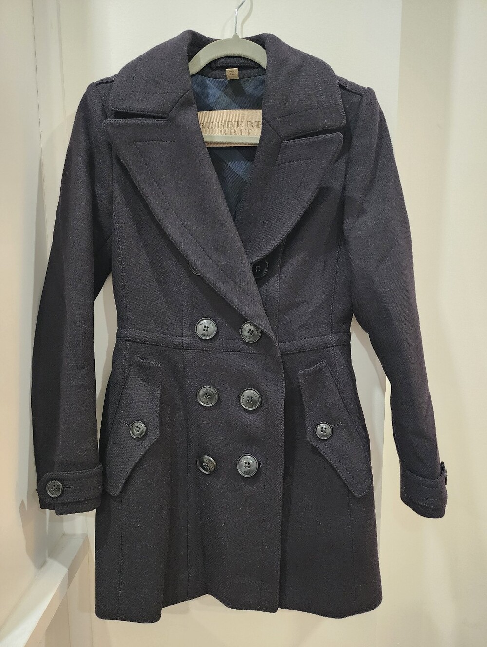 Burberry Brit Navy Wool Cashmere Double-Breasted Fitted Peacoat Size 4